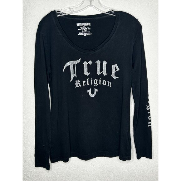 True Religion Shirt Womens Medium Black Script Rhinestone Long Sleeve Logo Tee - Picture 1 of 15